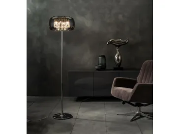 Lampada da terra Mirror con pendenti in cristallo e paralume in vetro e specchio di Stones