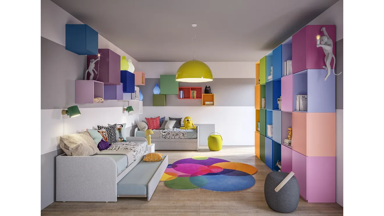Cameretta Top CM201 con letto e divano letto in laccato opaco satinato dai colori vivaci di Giessegi