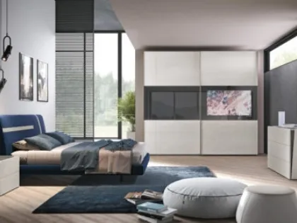 Letto Graffiti testata imbottita rivestita tessuto Blu Indaco e righe bianco grigio di Corso 11