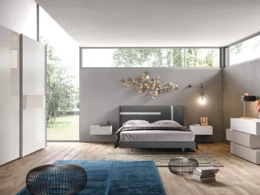 Letto Graffiti con testiera imbottito rivestito tessuto Grafite con righe bianco grigio di Corso 11