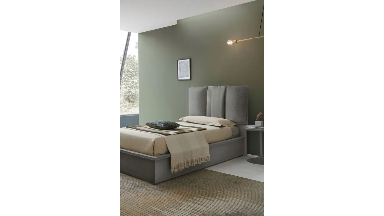 Letto singolo in tessuto con testiera imbottita e contenitore Santorini di Target Point