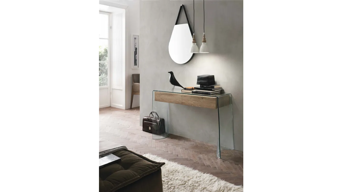 Mobile ingresso consolle Escape in vetro con cassetti in laminato effetto legno di Target Point
