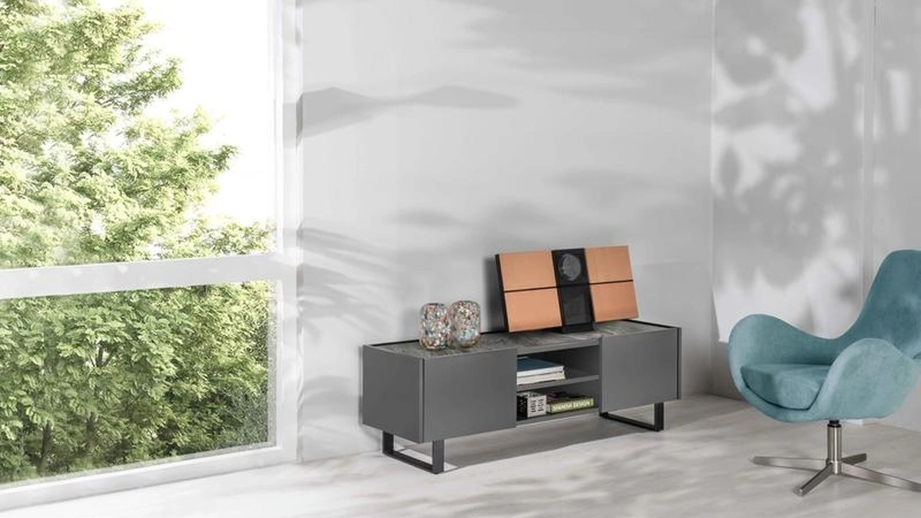Mobile Porta Tv Pegaso in MDF laccato grigio con top in ceramica marmo grigio di Stones