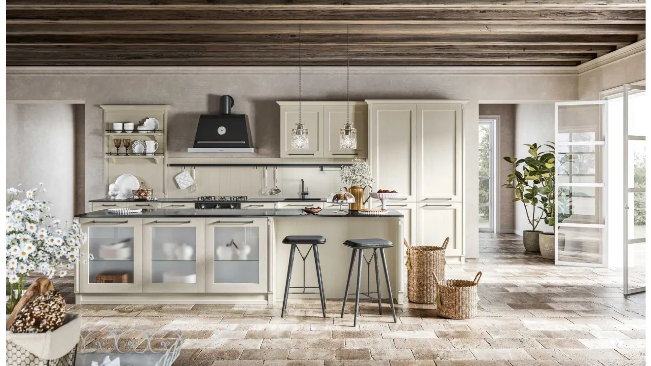 Cucina Classica con isola Elite 01 in legno di frassino laccato tortora di Gicinque