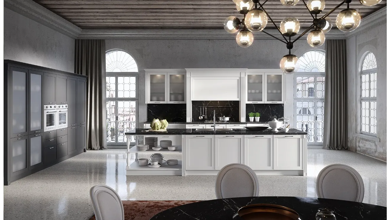 Cucina in legno bianco con isola e colonne in vetro Montecarlo 01di Gicinque