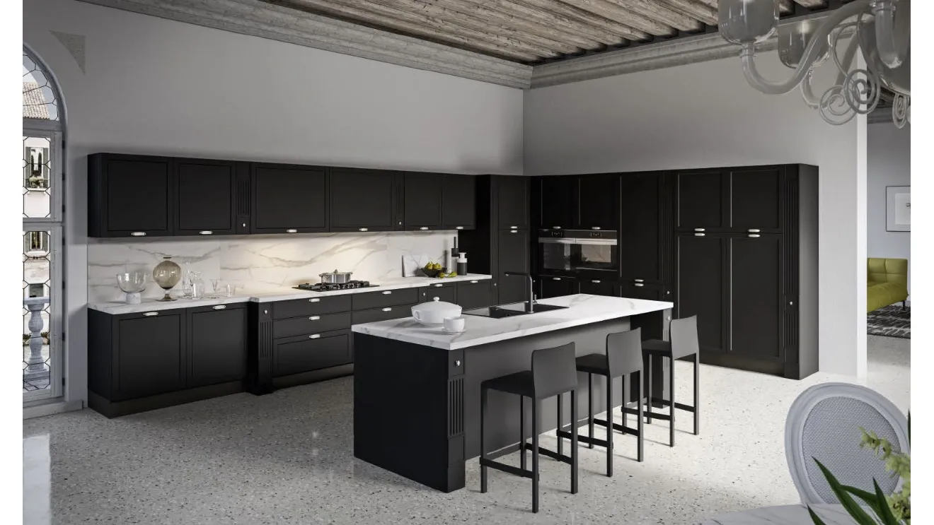 Cucina Classica angolare con isola Tamara 03 in laccato Nero opaco con top in Cemento chiaro di Ciao Cucine