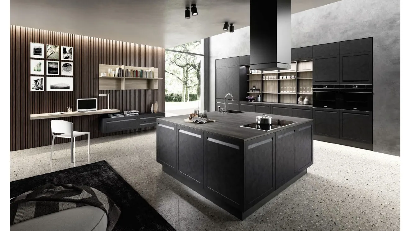 Cucina Moderna con isola Ester 01 in LPL Malta scura con top in stratificato tavolato Carbone di Ciao Cucine