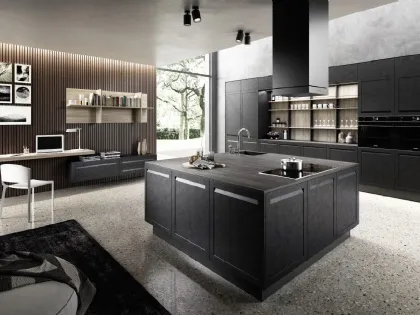 Cucina Moderna con isola Ester 01 in LPL Malta scura con top in stratificato tavolato Carbone di Ciao Cucine