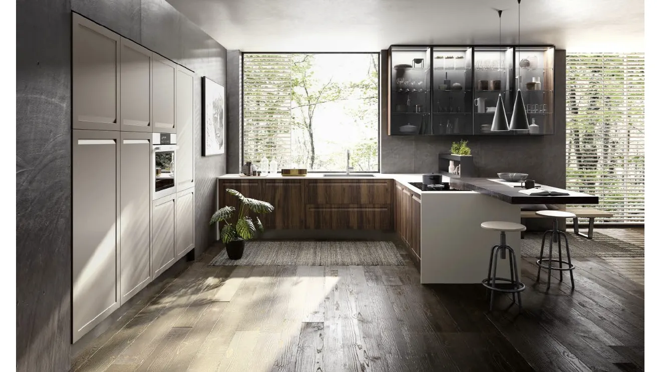 Cucina Moderna con penisola Ester 02 in LPL Noce scuro con top in laminato Bianco di Ciao Cucine