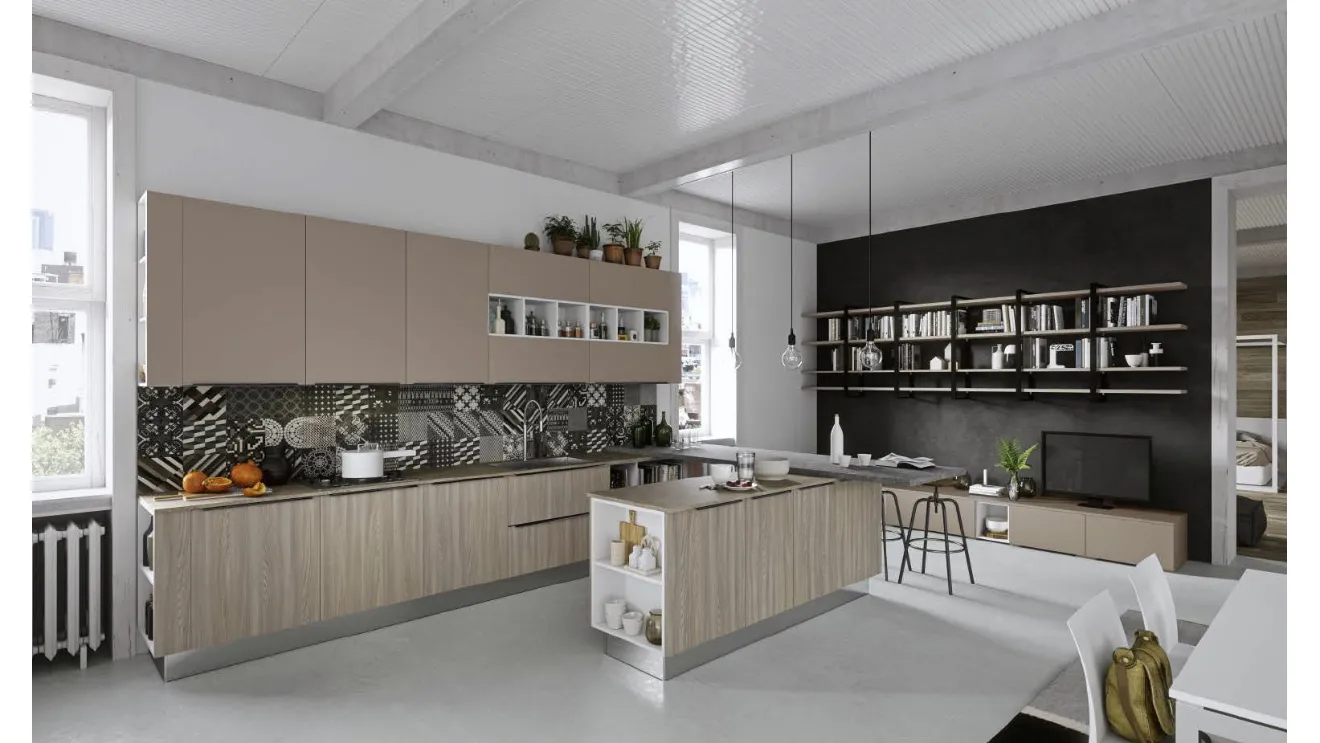 Cucina Moderna Eva in finitura Rovere Cognac e pensili in Vetro laccato Visone opaco con penisola finitura Cemento di Ciao Cucine