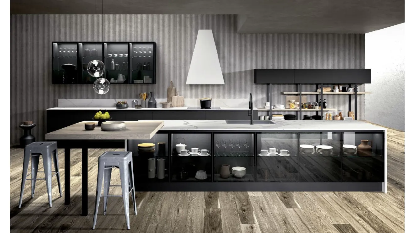 Cucina Moderna con isola in vetro fumé e top in gres statuario con penisola in LPL Rovere Ginevra 01 di Ciao Cucine