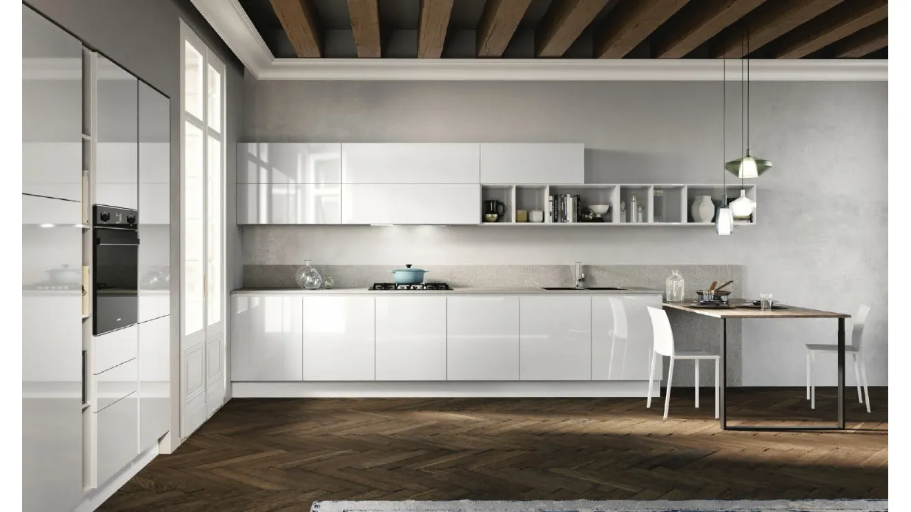 Cucina Moderna con penisola Ginevra 05 in laccato Bianco lucido con top in Dekton Siroco di Ciao Cucine
