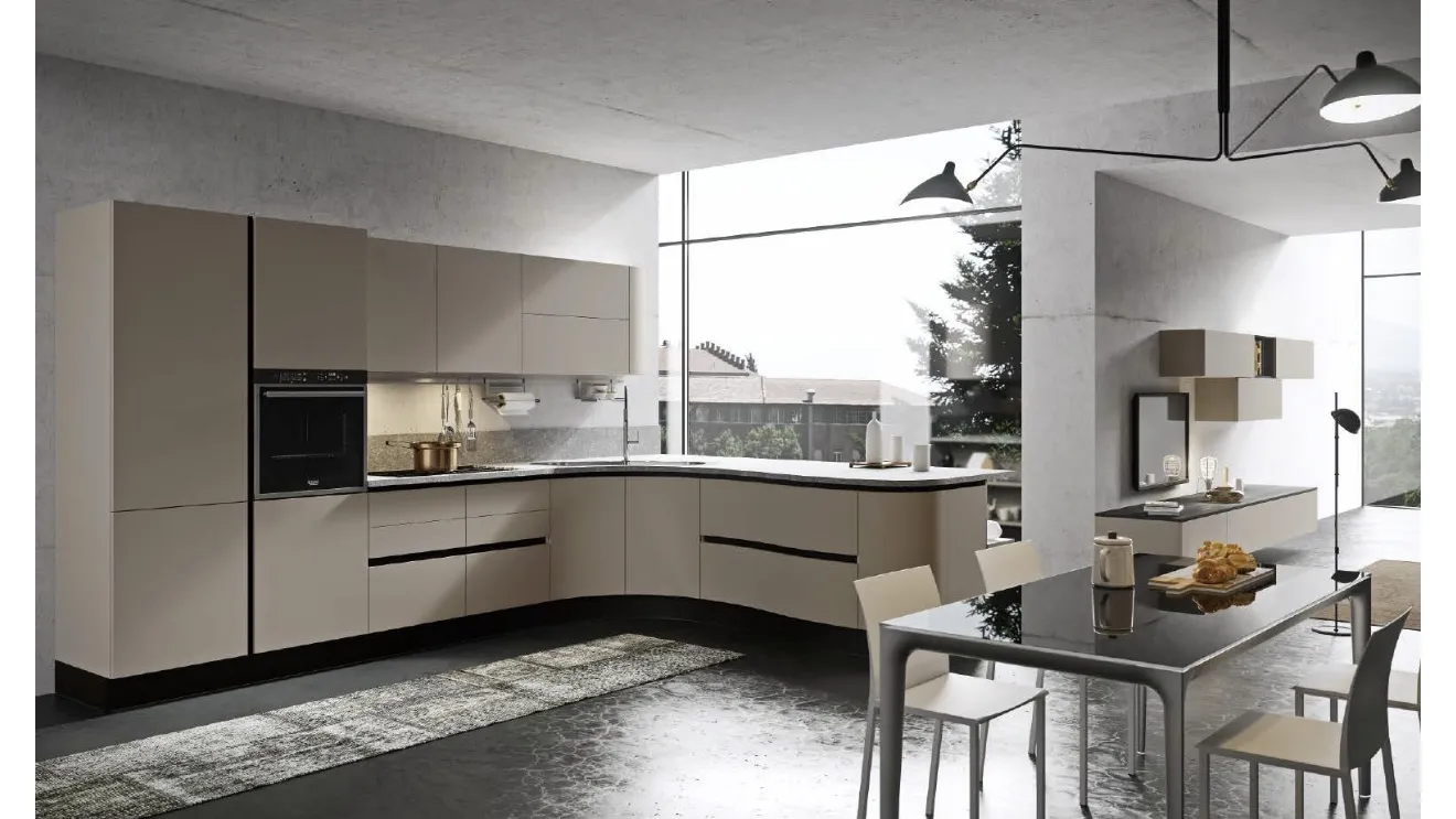 Cucina Moderna con penisola Melania 02 in laccato opaco Tortora e top in laminato Cemento Wraky di Ciao Cucine