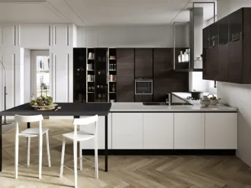 Cucina Moderna con penisola Melania 03 in laccato Bianco opaco e LPL Rovere Cuoio di Ciao Cucine