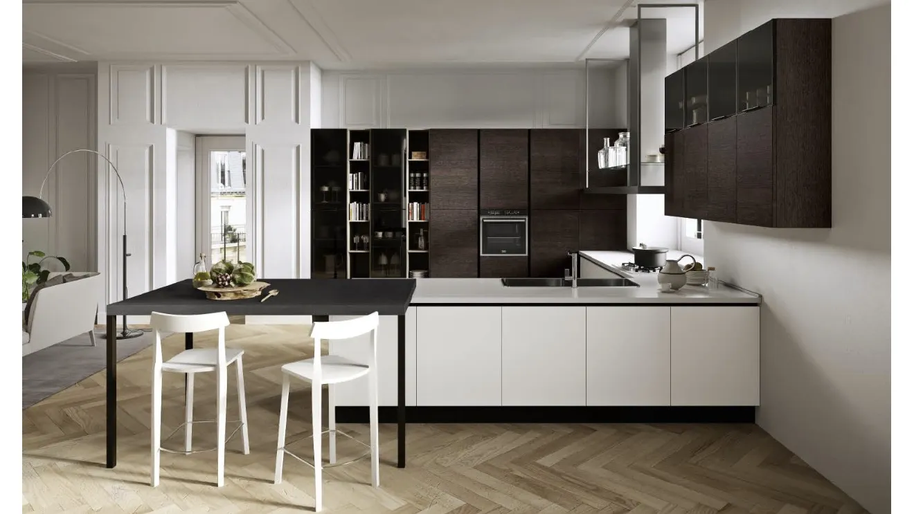 Cucina Moderna con penisola Melania 03 in laccato Bianco opaco e LPL Rovere Cuoio di Ciao Cucine