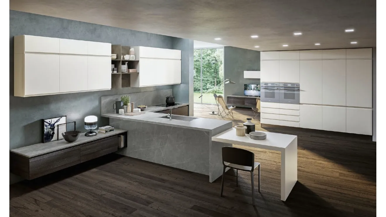 Cucina Moderna in pet laccato opaco con penisola finitura Stone Sibilla 03 di Ciao Cucine