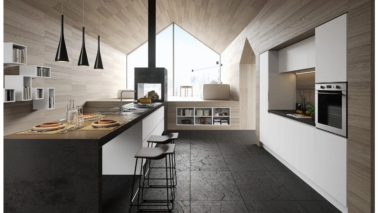 Cucina Moderna lineare DeSign 04 in Fenix bianco KOS con top in laminam oxide nero di Gicinque