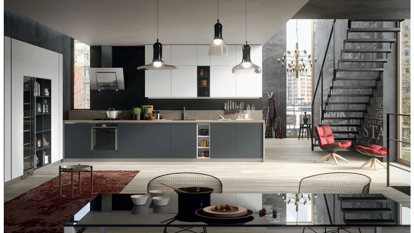 Cucina Moderna lineare DeSign 05 in laminato Fenix grigio bromo e bianco KOS con top grigio unicolor di Gicinque