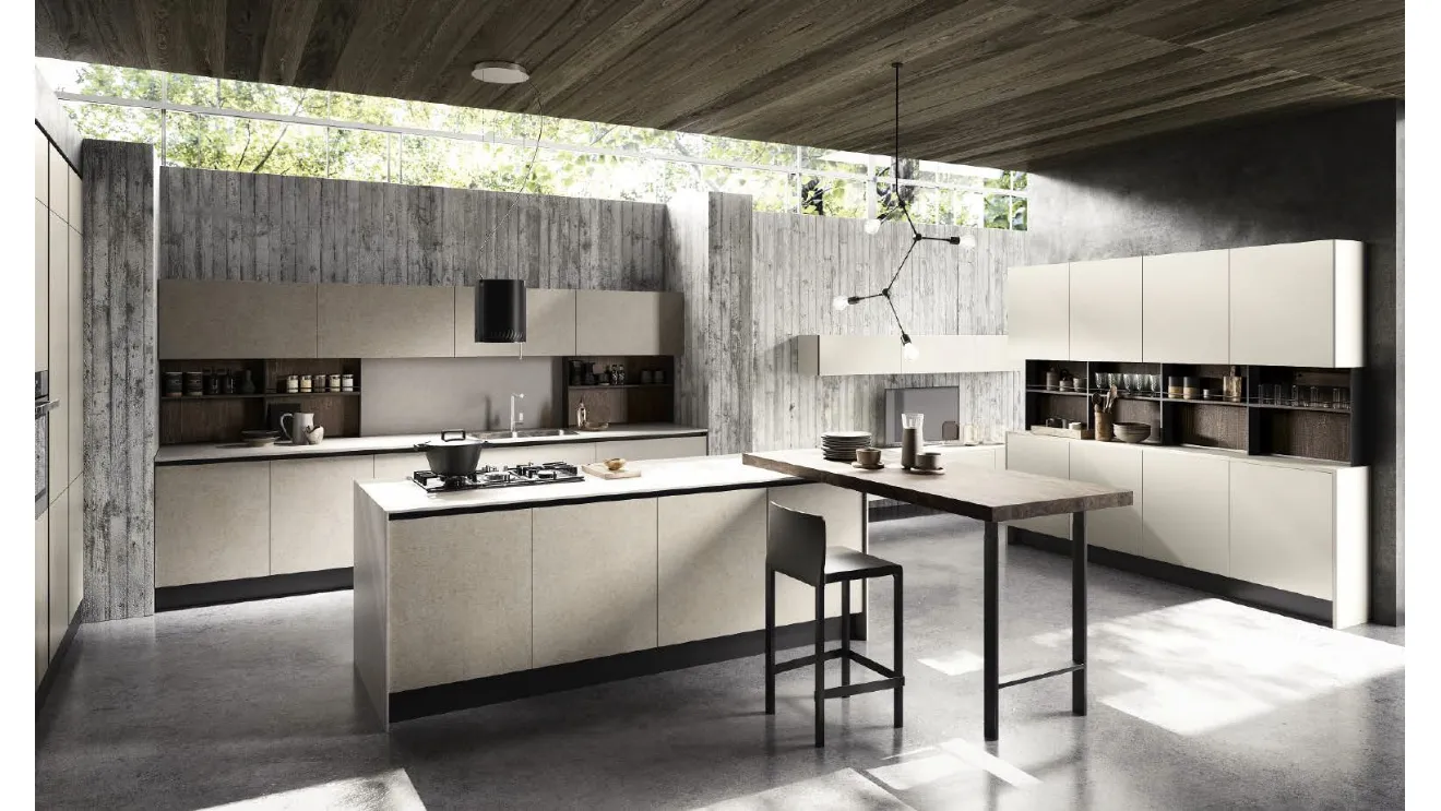 Cucina Moderna con isola Diamante 01 in gres Pietra Luna e vetro Grigio Seta opaco con penisola in LPL Quercia Moka di Ciao Cucine