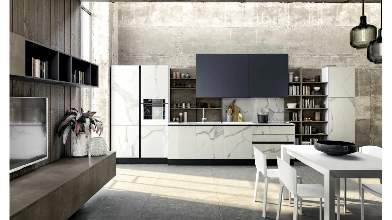 Cucina Moderna lineare Diamante 02 in gres Bianco Statuario e vetro Grigio Grafite di Ciao Cucine