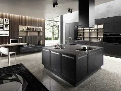 Cucina Moderna con isola Ester 01 in Pet Malta scura con top in stratificato tavolato Carbone di Ciao Cucine