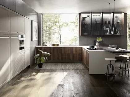 Cucina Moderna angolare con penisola Ester 02 in Pet Noce scuro con top in laminato Bianco di Ciao Cucine