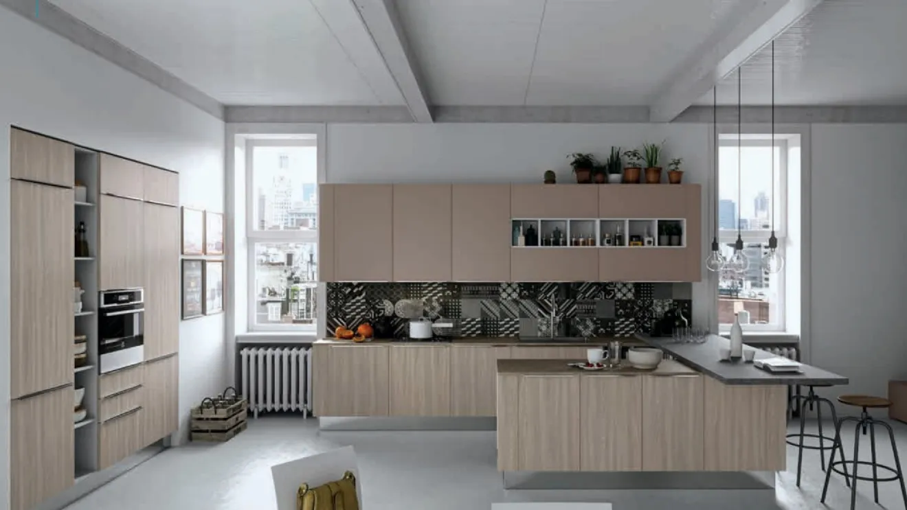 Cucina in legno con isola e tavolo in gres a penisola Eva di Ciao Cucine