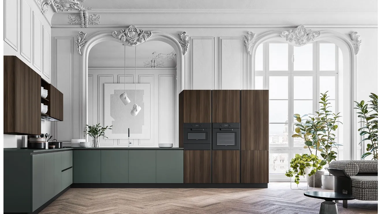 Cucina Moderna angolare DeSign 01 in laminato Fenix verde comodoro con particolari in laccato nero e colonne e pensili effetto legno di Gicinque