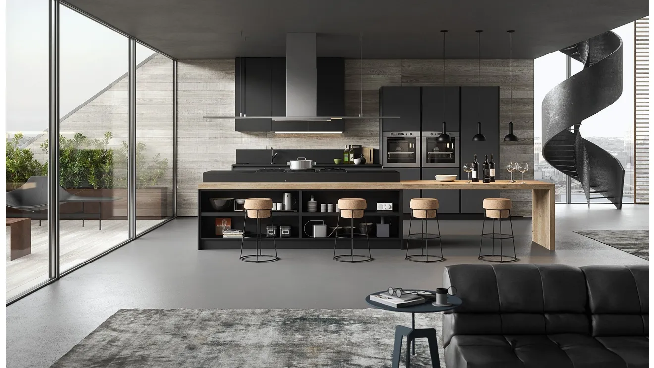 Cucina Moderna con isola in laminato Fenix nero e grigio bromo e bancone penisola in rovere nodato DeSign 03 di Gicinque