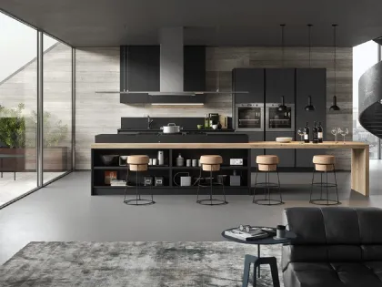 Cucina Moderna con isola in laminato Fenix nero e grigio bromo e bancone penisola in rovere nodato DeSign 03 di Gicinque