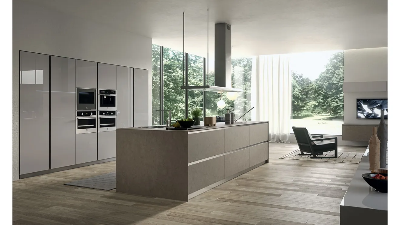 Cucina Moderna con isola MyGlass 04 in gres e vetro laccato lucido di Gicinque