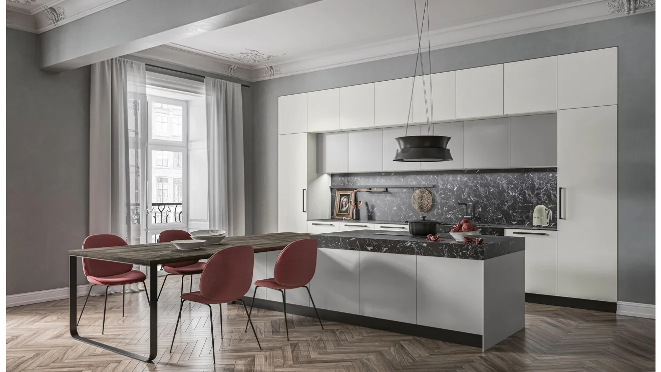 Cucina Moderna con isola in laminato grigio, top in HPL nero impero e penisola in finitura rovere nebraska Smart 01 di Gicinque