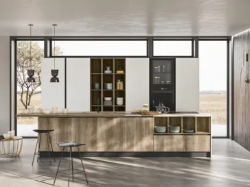 Cucina Moderna lineare Smart 02 finitura rovere deserto con colonne in grigio cenere di Gicinque