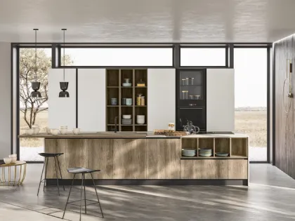 Cucina Moderna lineare Smart 02 finitura rovere deserto con colonne in grigio cenere di Gicinque