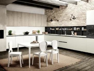 Cucina Moderna angolare Ginevra 02 Giulia in finitura Bianco Seta e Nero opaco con pensili in LPL Rovere Cipria di Ciao Cucine