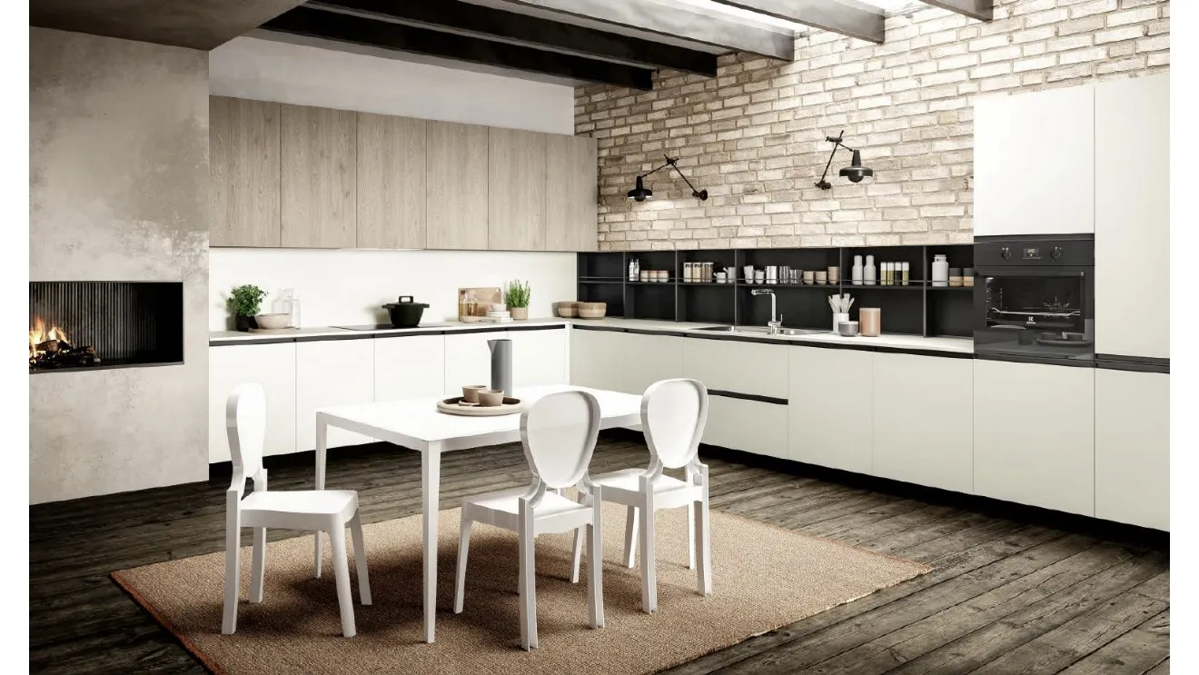 Cucina Moderna angolare Ginevra 02 Giulia in finitura Bianco Seta e Nero opaco con pensili in LPL Rovere Cipria di Ciao Cucine