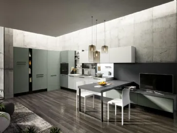 Cucina Moderna angolare Ginevra 03 in finitura LPL Verde Oliva e Bianco Seta con top in laminato Bianco di Ciao Cucine