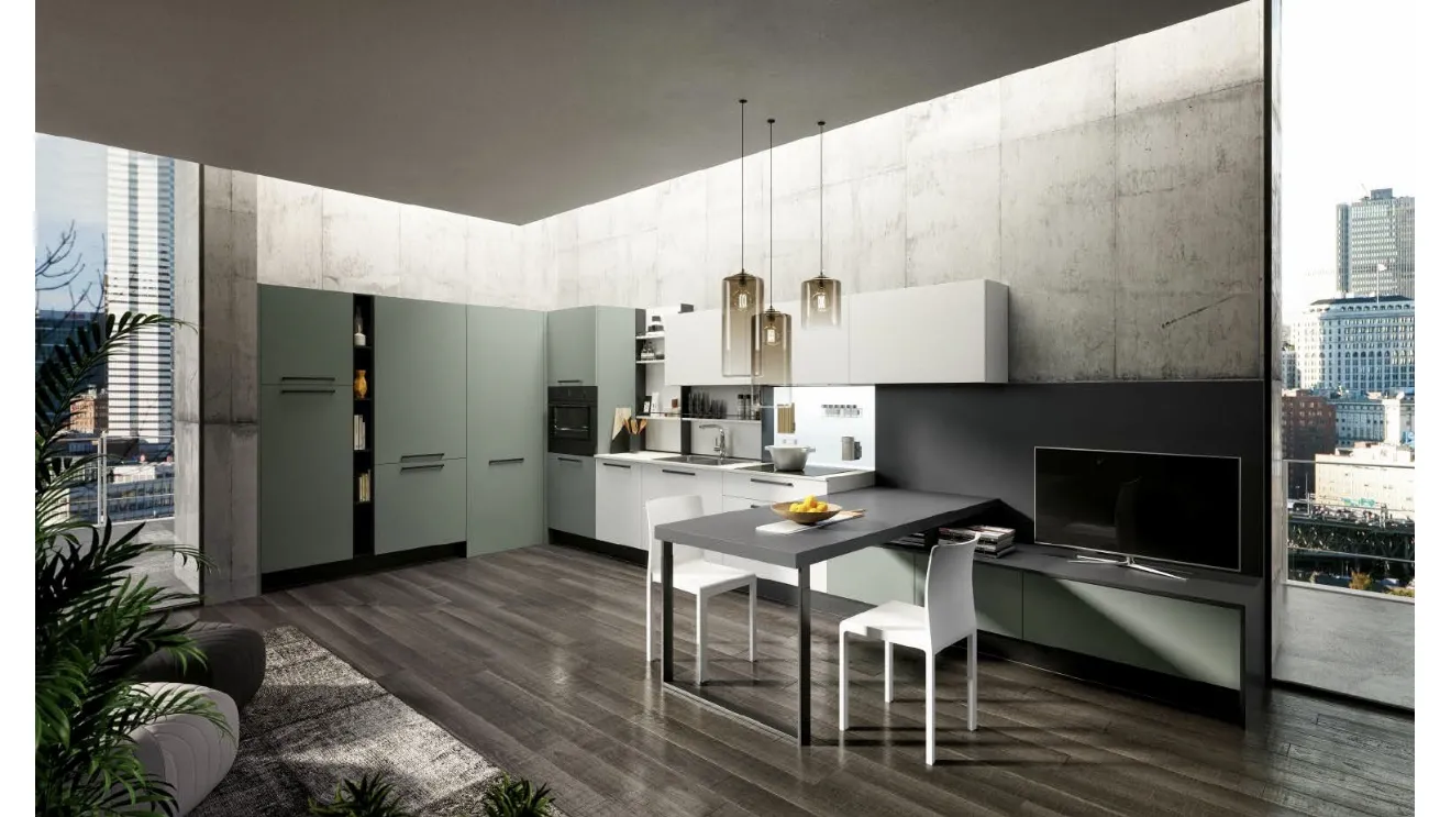 Cucina Moderna angolare Ginevra 03 in finitura LPL Verde Oliva e Bianco Seta con top in laminato Bianco di Ciao Cucine