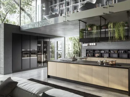 Cucina Moderna lineare Ginevra 04 in finitura LPL Rovere Matrix con top in HPL Testa di Moro di Ciao Cucine