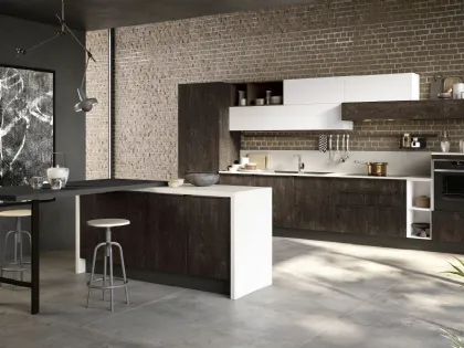 Cucina Moderna lineare Ginevra 06 in LPL Quercia Moka con top in finitura Sabbia Velvet di Ciao Cucine