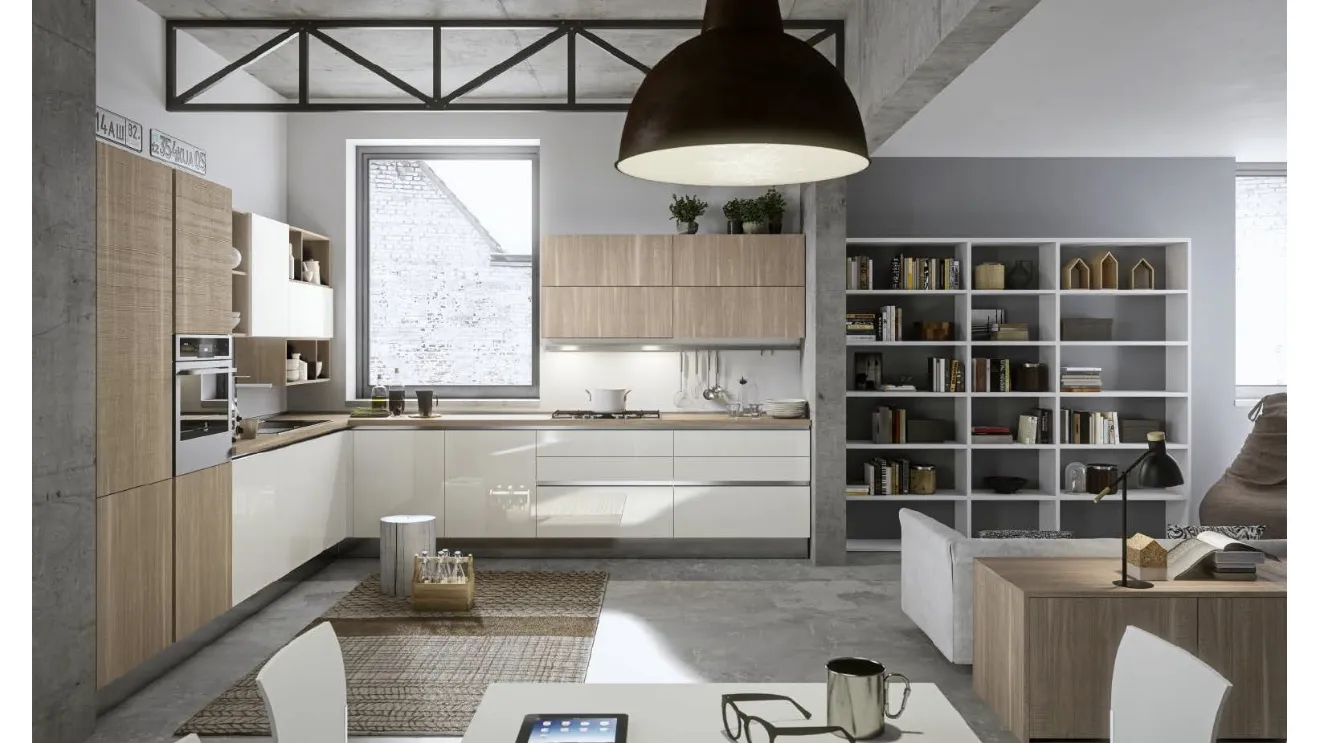 Cucina Moderna ad angolo Ginevra 07 in Pet Bianco Lucido e LPL Rovere Bruges Tranchè di Ciao Cucine