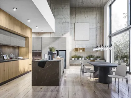 Cucina Moderna lineare Infinity 03 in finitura rovere alaska con pensili in ossido grigio e top in pietra nera di Gicinque