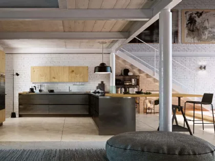 Cucina Moderna angolare con penisola Infinity 08 in laminato effetto metallo e rovere alaska di Gicinque