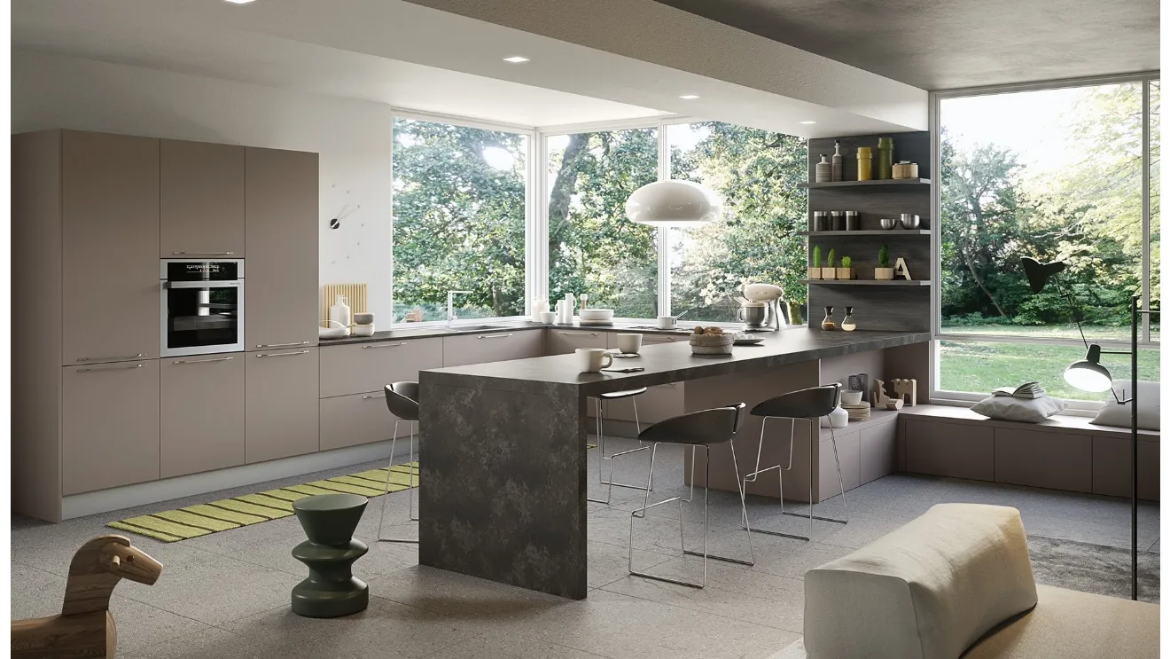 Cucina ad angolo con penisola in quarzo italiano venato Joy 01 di Gicinque