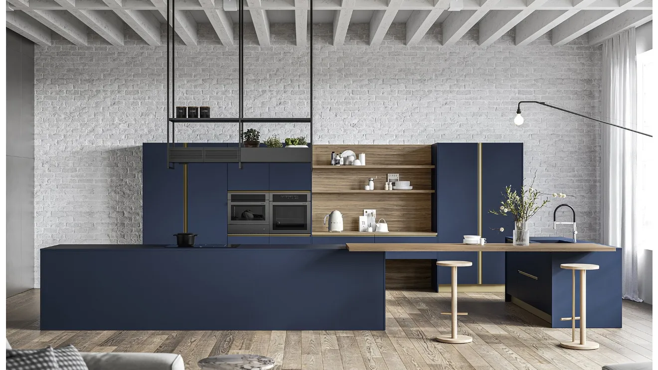 Cucina Moderna con isola Kappa 03 in laminato blu fes di Gicinque