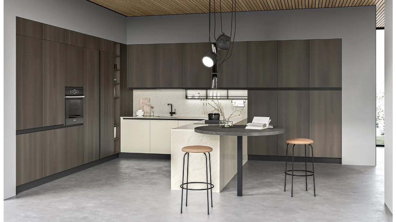 Cucina Moderna con penisola Kappa 04 in laminato platino e carruba di Gicinque