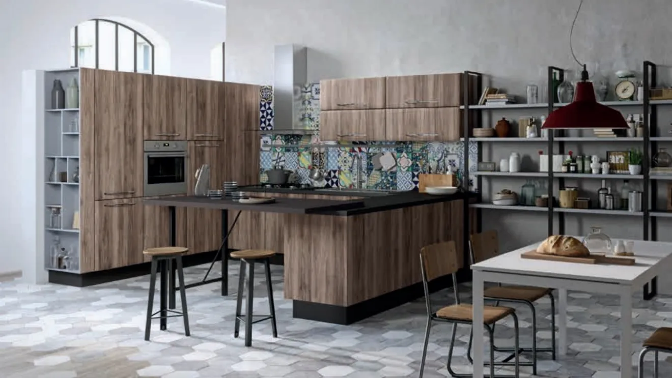 Cucina in legno di rovere cognac ad angolo con penisola Maja 01 di Ciao Cucine