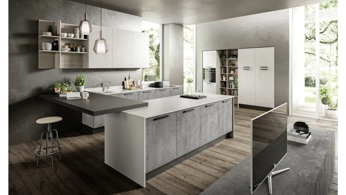 Cucina Moderna Marilyn 03 con finitura effetto malta Beton e top in Fenix Grigio Efeso con penisola in Fenix Nero di Ciao Cucine