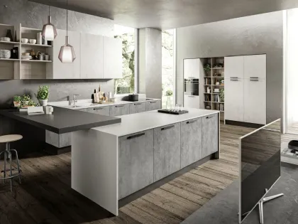 Cucina Moderna Marilyn 03 con finitura effetto malta Beton e top in Fenix Grigio Efeso con penisola in Fenix Nero di Ciao Cucine