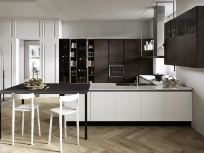 Cucina Moderna angolare Melania 03 in laccato Bianco opaco e LPL Rovere Cuoio di Ciao Cucine